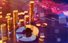 Piles of coins in a line stand besidge a doughnut chart upon a map of the world, for the Private Markets 2030 Public Markets theme