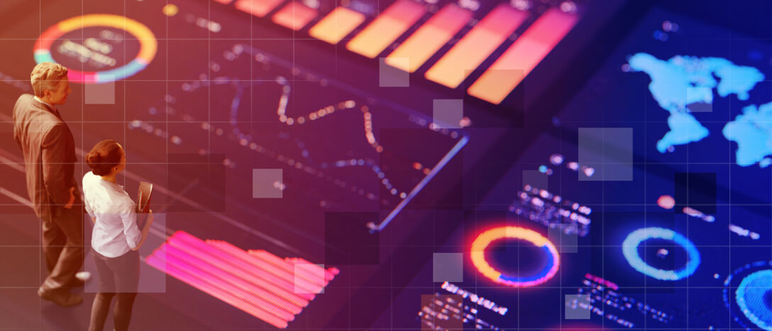 Two business people stand before several graphs and maps of the world, for the Private Markets 2030 Public Markets theme