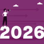 Woman looking ahead to 2026 with binoculars