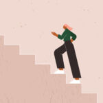 Illustration of a businesswoman climbing a set of stairs