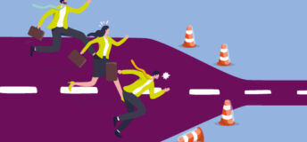 Three figures running on a narrowing roadway