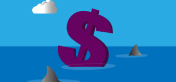 A dollar sign floats on the sea with sharks circling it