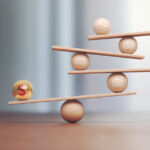 3d Render Yellow Red Metal Ball Dollar Symbol on Wooden Libra Scale and Wooden Financial Charts, Economy and finance concept, Depth Of Field