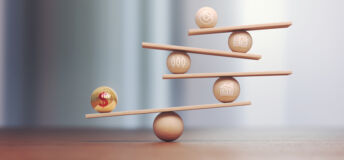 Whatโs next for DFIs and private equity? 3d Render Yellow Red Metal Ball Dollar Symbol on Wooden Libra Scale and Wooden Financial Charts, Economy and finance concept, Depth Of Field