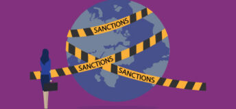 An illustration and looking at planet earth, wrapped in tape that reads "Sanctions"