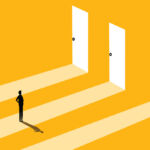 Man standing in front of three open doors