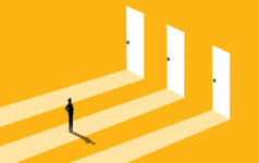 Man standing in front of three open doors