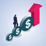 figure walking up disc steps made of $ signs towards an upward arrow