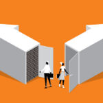 diverging arrows with doors and figures exiting