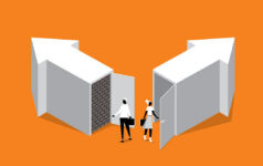 diverging arrows with doors and figures exiting