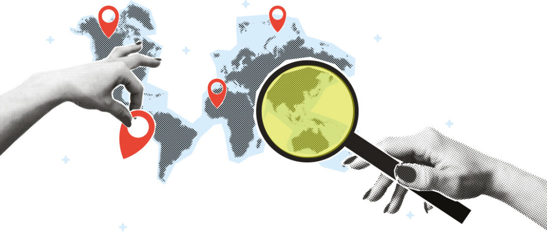 World map with magnifying glass on Asia-Pacific, APAC, T9