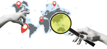 World map with magnifying glass on Asia-Pacific, APAC, T9