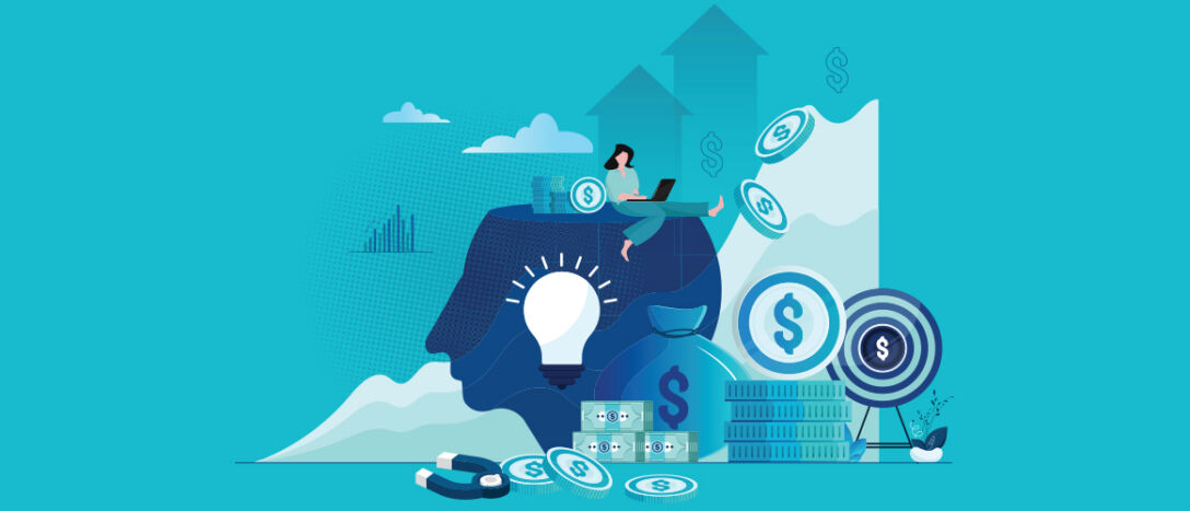 Insight, thought, lightbulb, money, person working on laptop, T9