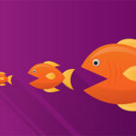 fish of increasing sizes, one eating the next. The smallest is going for bait on a line