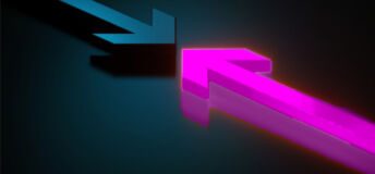 Two arrows, one black one purple point towards eachother with their ends touching, suggesting conflict / confrontation