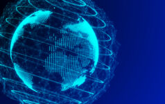 A digital 3D render of planet Earth