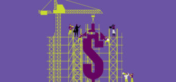 Scaffolding and building equipment surrounds a large US dollar sign