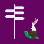 Side Letter: Haste and hesitation An illustration of a hare sitting on top of a tortoise