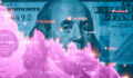 A photo of a US dollar overlaid with a graphic of a financial graph