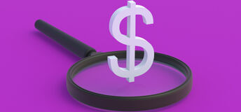 Dollar sign hovers over a magnifying glass