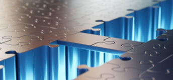 An abstract bridge made with two puzzle pieces across empty space with blue glow bridging two parts of a big puzzle