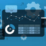 images of cogs, metrics, figures in blue