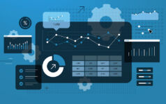images of cogs, metrics, figures in blue