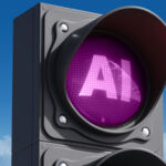 A photo of a traffic light with the Red light showing "AI"