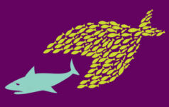 An illustration of a series of small fishes combining to make one large fish, and then eating a shark. A strength in numbers concept.