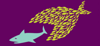 An illustration of a series of small fishes combining to make one large fish, and then eating a shark. A strength in numbers concept.