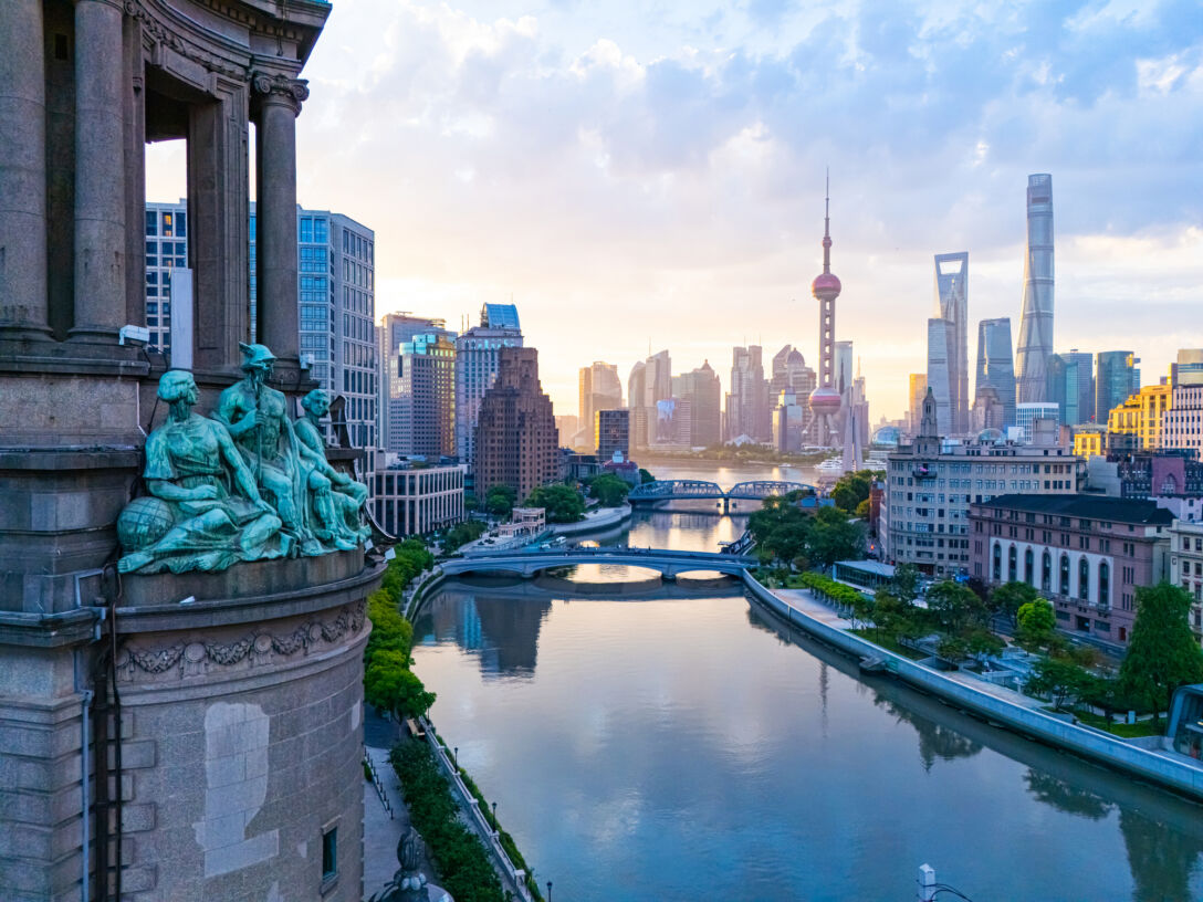 Aerial view of shanghai skyline at sunrise
