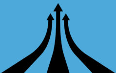 Three black arrows heading up on a blue background