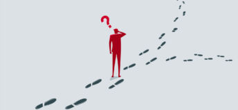 A red silhouette of a man scratching his head beneath a red question mark, standing where a path of footprints splits into two directions.