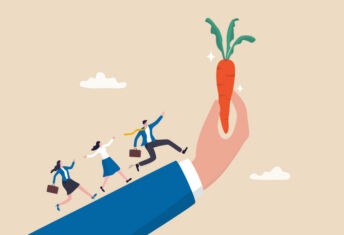 Three people chasing a carrot up someone's arm
